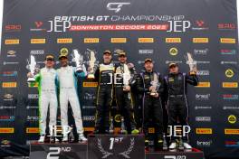 GT4 Pro-Am Podium (l-r) #71 - Ravi Ramyead / Charlie Robertson - Century Motorsport BMW GT4, #90 - Marc Warren / Jack Brown - Optimum Motorsport McLaren Artura GT4, #31 - Michael Orant / Owen Hizzey - MKH Racing Aston Martin Vantage AMR GT4 Evo