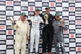 Silverstone Festival, Silverstone 2025, 22rd-24th August 2025. Free for editorial use only. Podium (l-r) #126 Sowter / Hill - Ferrari 458 GT3, #43 Witt Gamski / Ross Wylie - Bentley Continental GT3, #62 Kari Makela - Aston Martin Vantage V12 GT3 