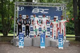 Podium (l-r) #1 Max McRae / Cameron Fair - Skoda Fabia RS Rally2, #5 Osian Pryce / James Morgan - Toyota GR Yaris Rally2, #6 Meirion Evans / Dale Furniss - Toyota GR Yaris Rally2