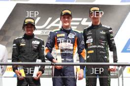 Podium of #29 Kenzo Craigie, R-ace GP, #27 Oleksandr Bondarev, Mumbai Falcons Racing Limited and #30 Andy Consani, R-ace GP